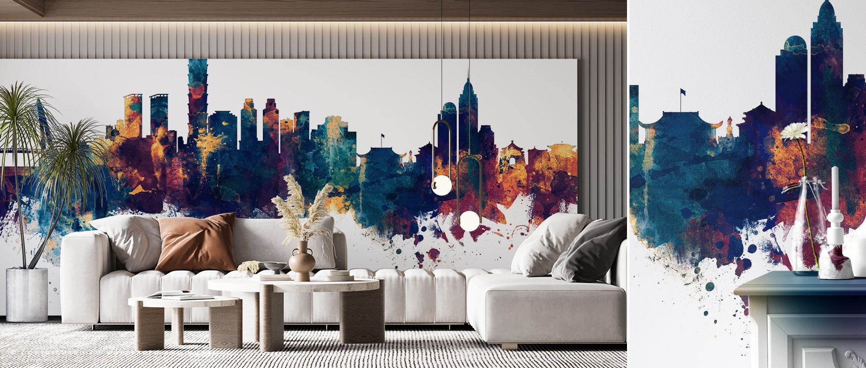 Subtle light gradients accentuate Taipei Taiwan Skyline Blue & Bronze Wallpaper, casting shadows and glow across the skyline. Its composition merges architectural presence with atmospheric depth, enriching contemporary interiors with artistic poise. 