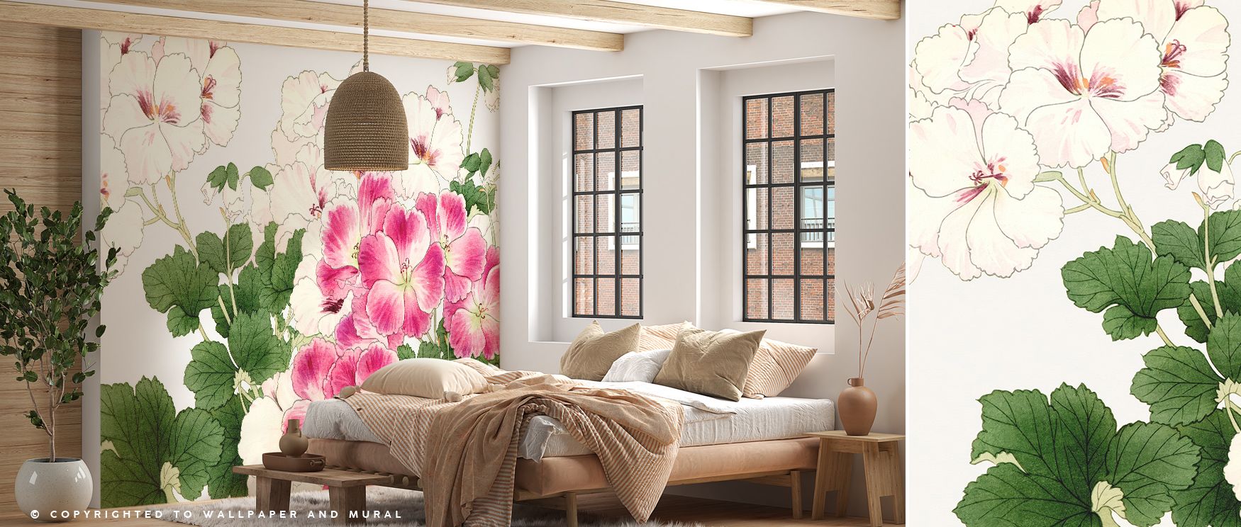 The Tanigami Geranium design reveals layers of natural grace through its delicate petals and intertwining leaves, blending warm pinks, muted greens, and ivory tones that capture the timeless allure of botanical art, enriching interiors with poetic charm a