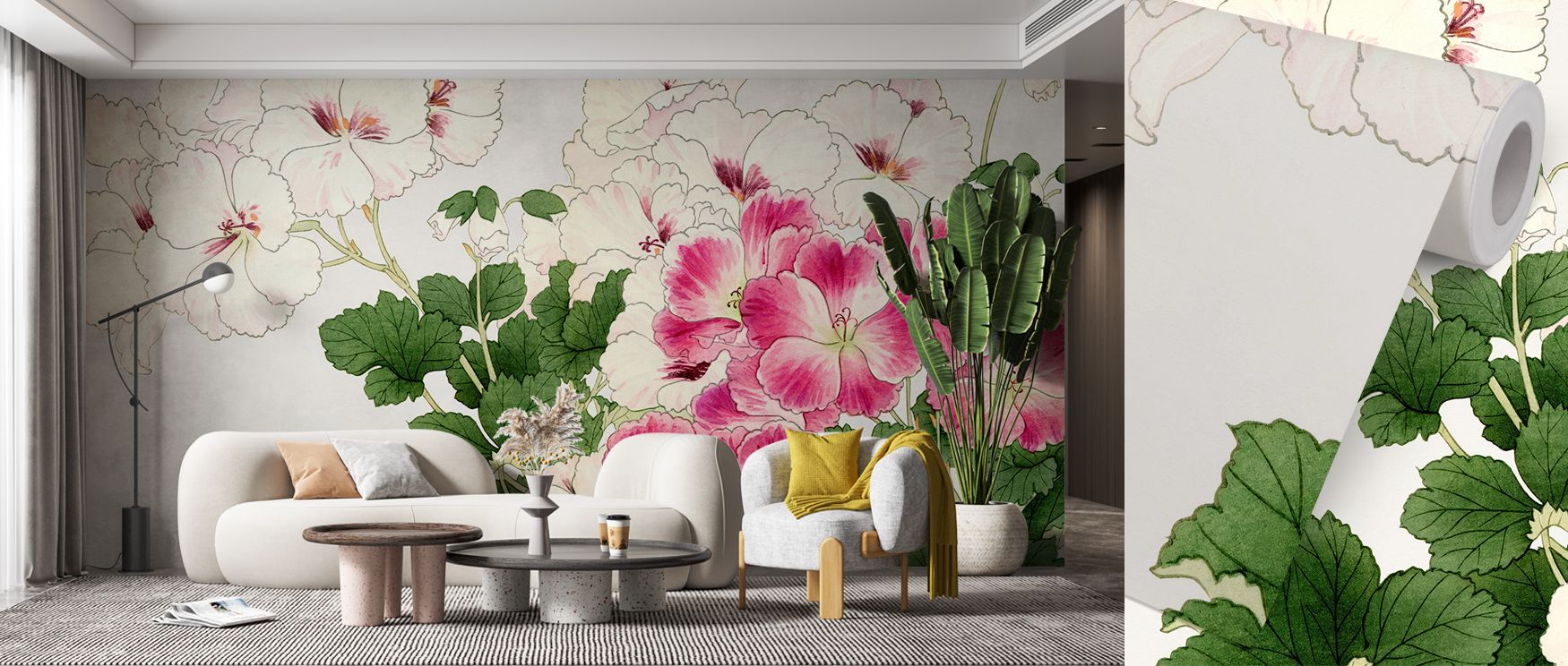 Within Tanigami Geranium, blossoms flow in tender dialogue with their leaves, forming a design that whispers of balance and grace. The palette rests between dusk and dawn, creating a natural composition that enriches interiors with lyrical calm and tactil
