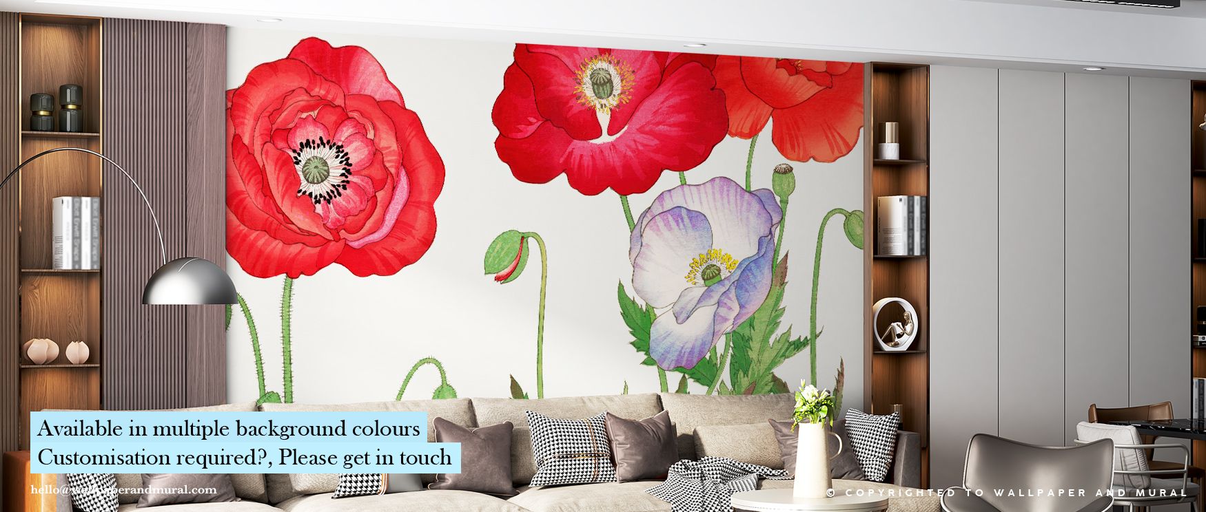 Each flower within Tanigami Poppy radiates fluid emotion, rising from muted backgrounds with elegant energy. Its artistic composition transforms interiors into spaces of balanced warmth and tranquility, infusing walls with luminous depth and a serene flor