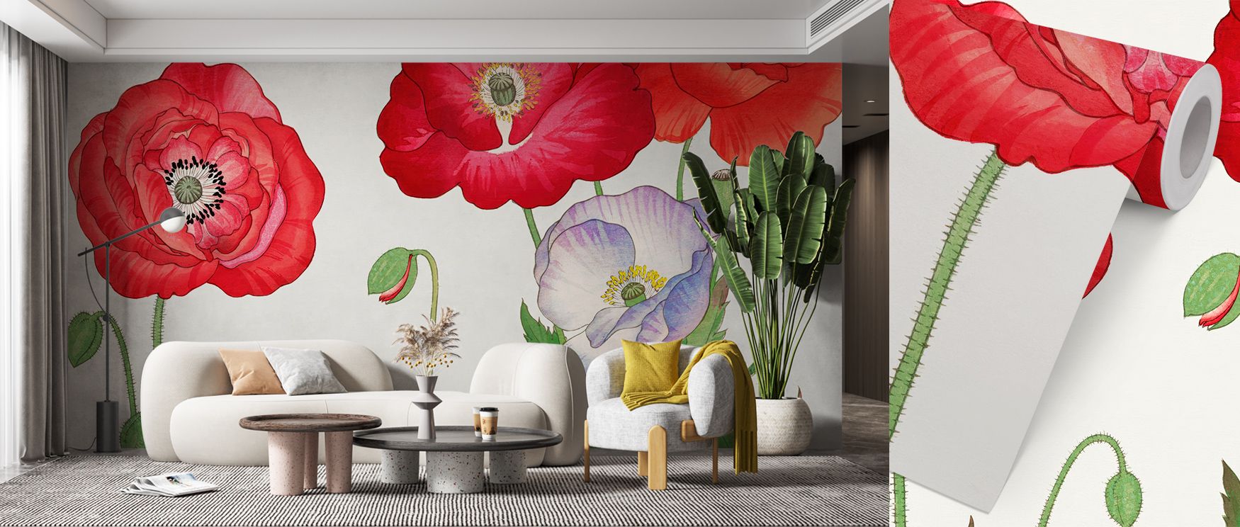 Tanigami Poppy flows like watercolor over silk, capturing organic texture in glowing reds and soft ivory. It bathes interiors in ambient beauty, offering harmony and grace that uplift the spirit and connect spaces with artistic floral expression grounded 