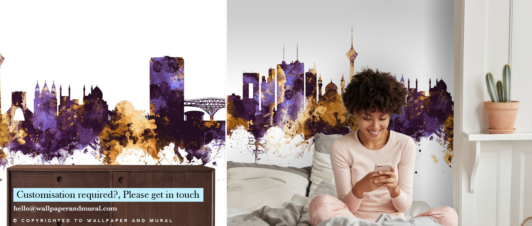 Golden highlights cascade through layers of purple dusk in Tehran Iran Skyline Purple & Gold, defining towers and textures that breathe urban sophistication into interiors, merging refinement and quiet beauty in soft luminous form. 