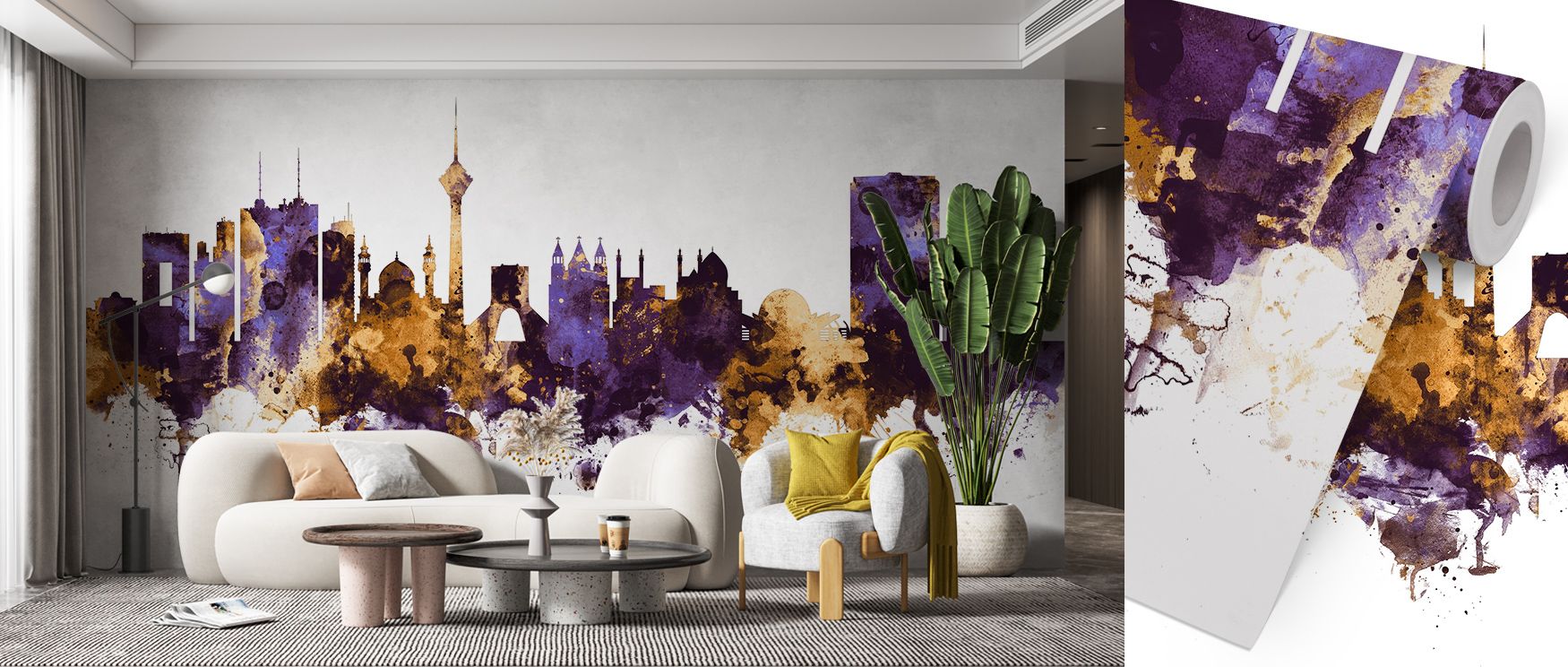 Tehran Iran Skyline Purple & Gold presents an artistic skyline awash in opulent hue. Deep purples blend with gilded tones to capture metropolitan pride, enriching interiors with light, contrast, and serene opulence that speaks of cosmopolitan refinement. 
