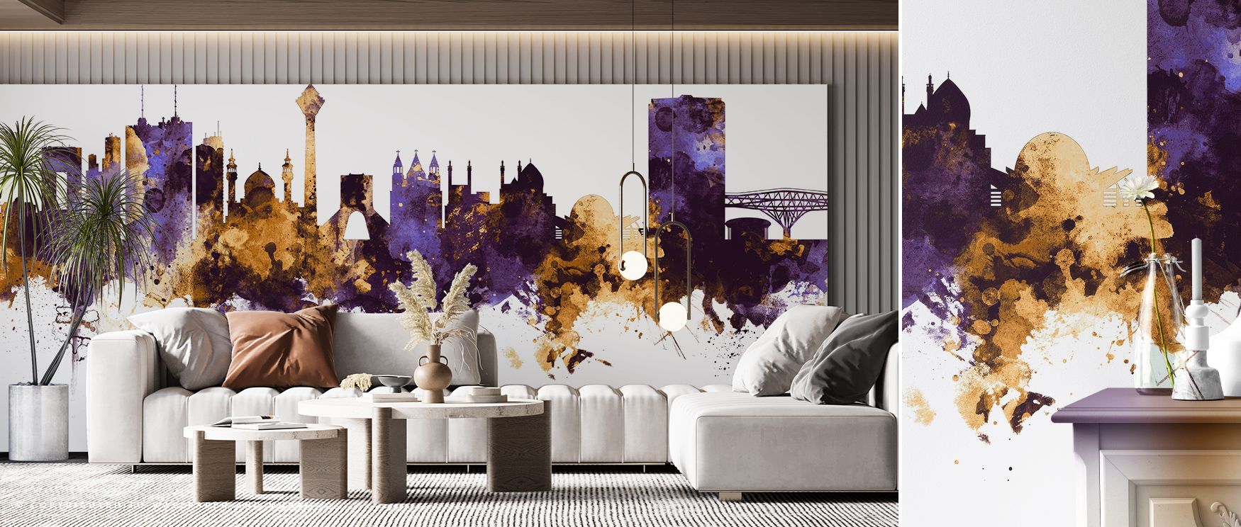 The architecture of Tehran rises within misted gold and soft amethyst tones. The pattern glows with radiant composure, filling interiors with tranquil grandeur, visual depth, and the enduring warmth of urban artistry illuminated by night. 