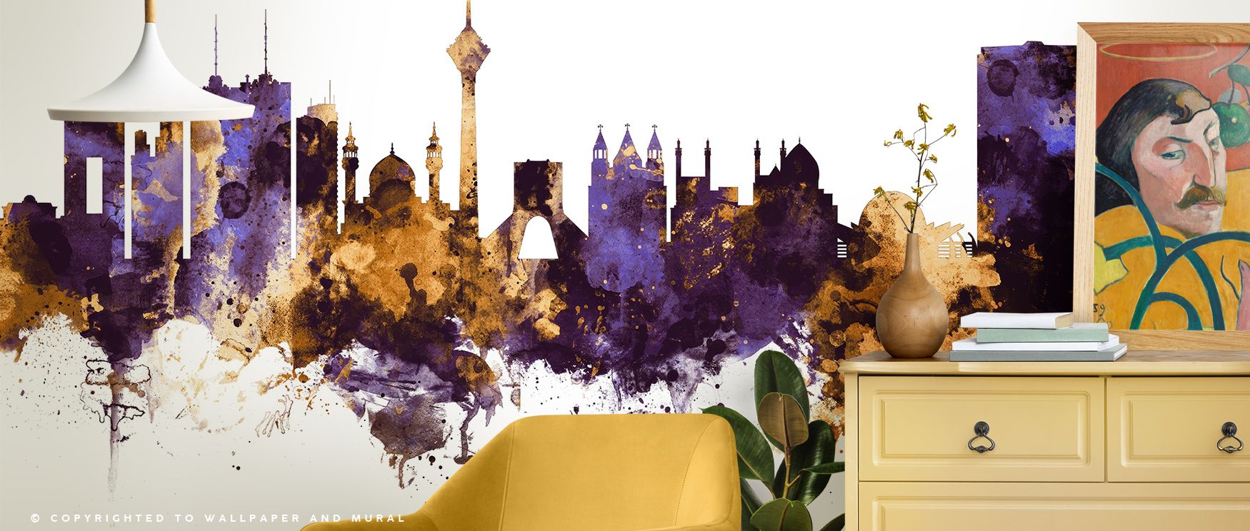 Tehran Iran Skyline Purple & Gold flows with twilight elegance. Each shimmering contour radiates balance between culture and modernity, enhancing interiors with richness and the soft pulse of city rhythm interpreted through fine detail. 