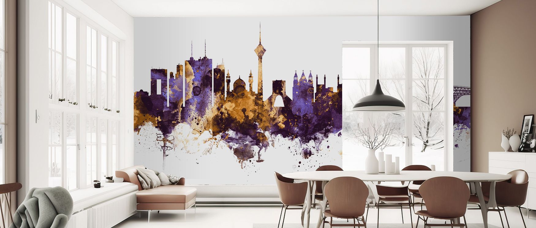 Beneath deep royal skies, Tehran Iran Skyline Purple & Gold glimmers like a dream of light and architecture. Its balance of color and reflection lends interiors refined distinction, quiet beauty, and radiant harmony born of city brilliance.
