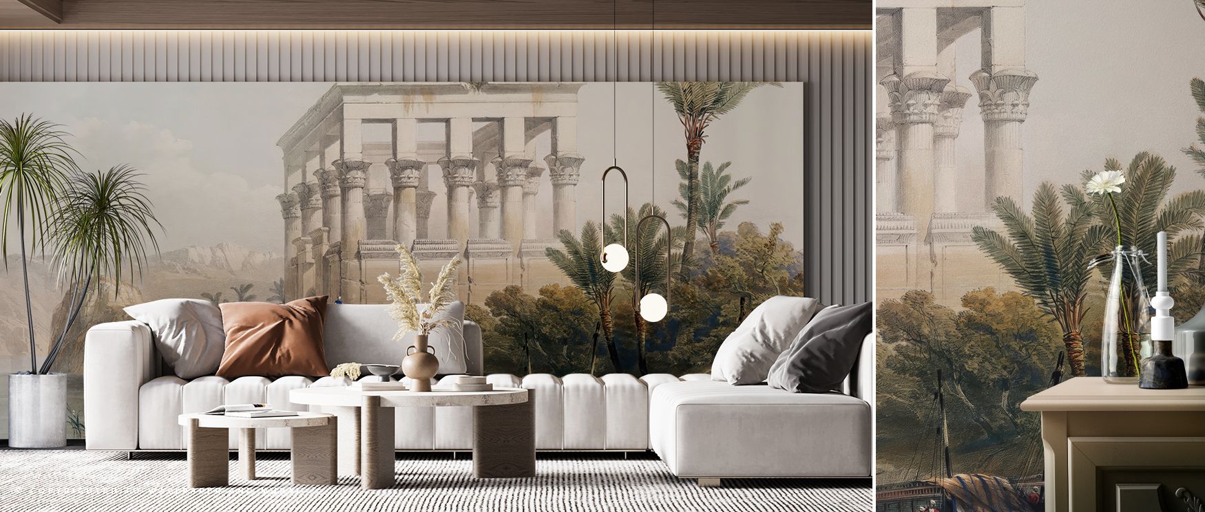 Across Temple at Philae, shadows weave between ancient carvings, revealing subtle gradations of amber light. The design radiates warmth and depth, enriching interiors with the calm dignity of time’s enduring artistry. 