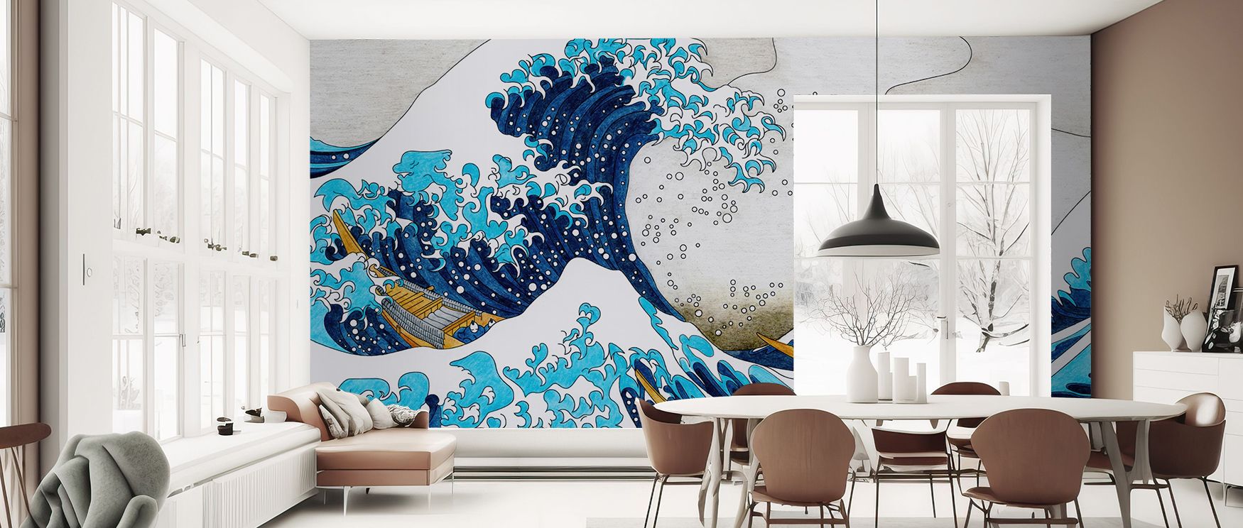 Hokusai’s masterpiece echoes in The Great Wave of Kanagawa, its cresting form revealing balance between chaos and calm. Interiors absorb its energy, finding peace through artful design and rhythmic repetition of gentle blue tone. 