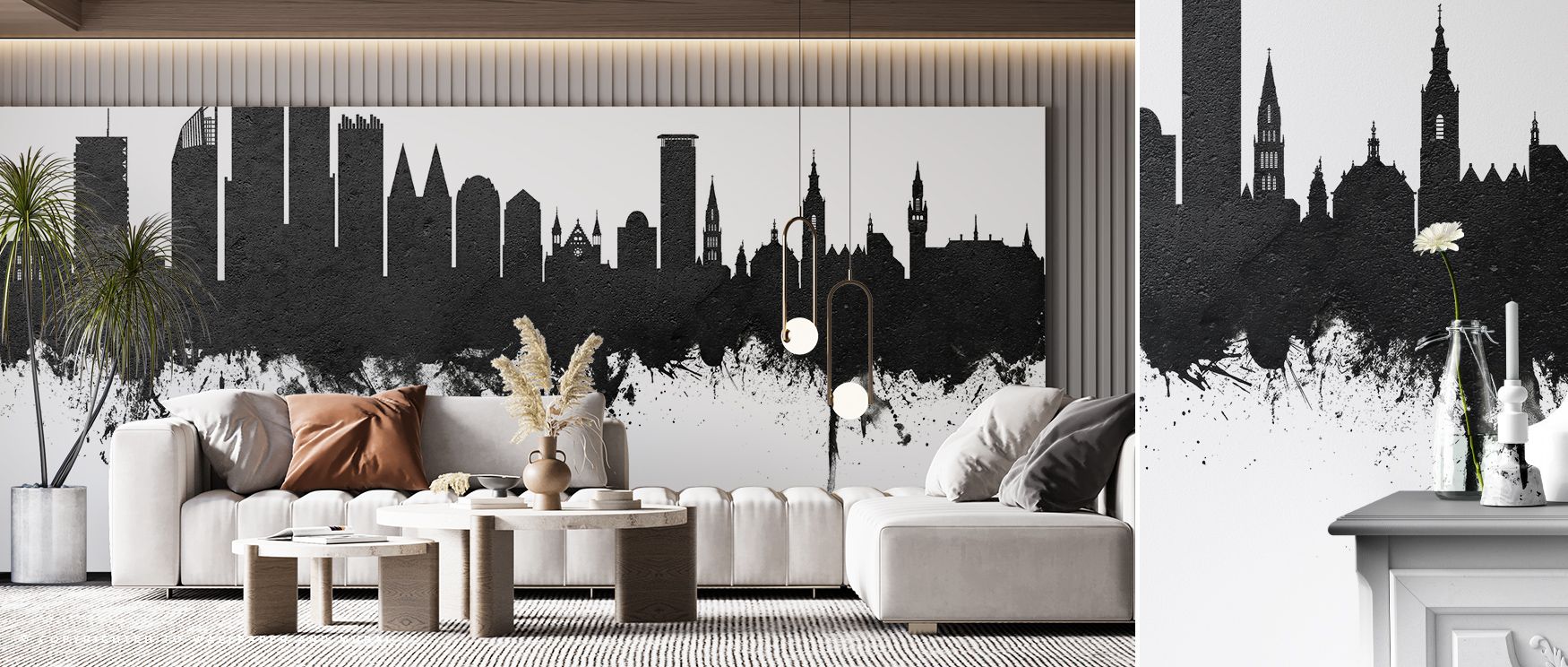The Hauge Netherlands Skyline Black & White embodies minimalist beauty through precision of form. Architectural outlines appear suspended in tone, creating interiors that convey timeless grace, stillness, and metropolitan elegance through harmony of color