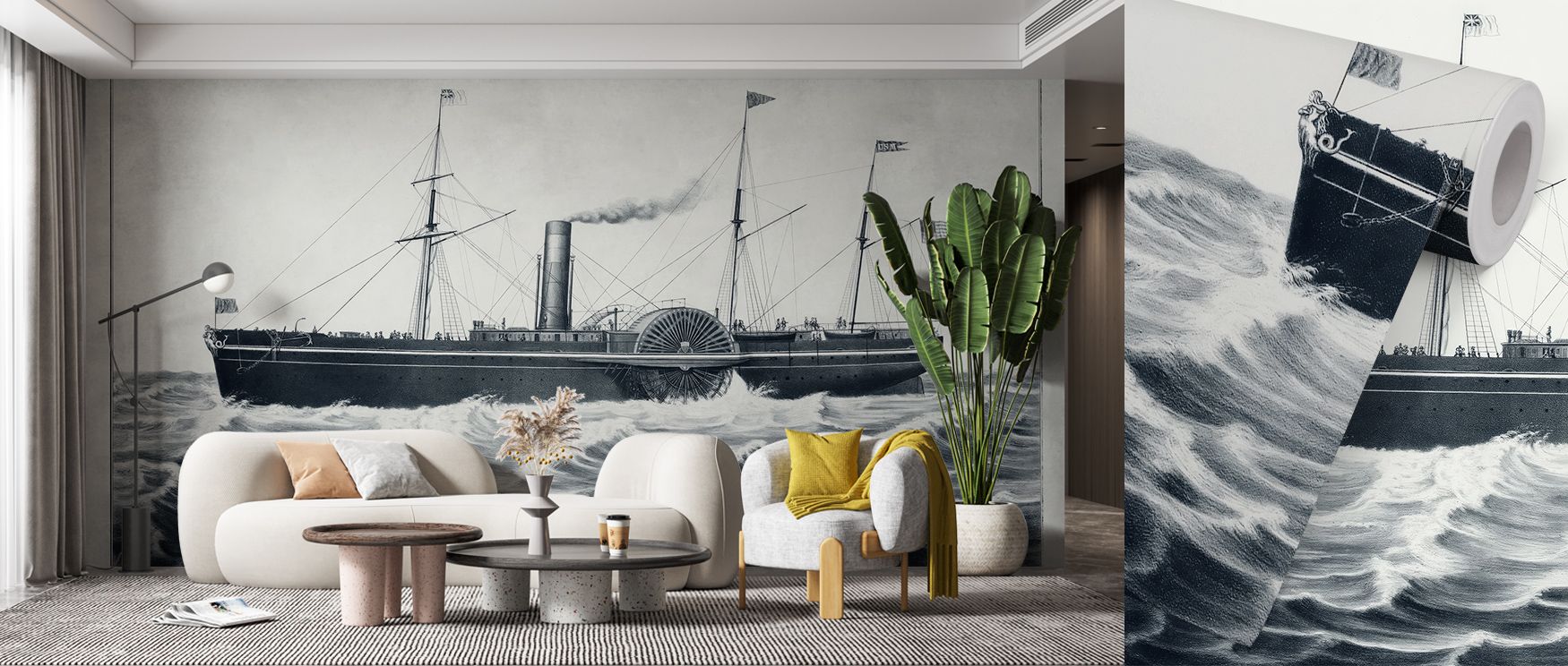 Across The Pacific Steam Ship, the scene breathes quiet nostalgia. Each curve of smoke and wave conveys storytelling and grace, turning interiors into havens of calm sophistication enriched by maritime elegance and old-world beauty. 