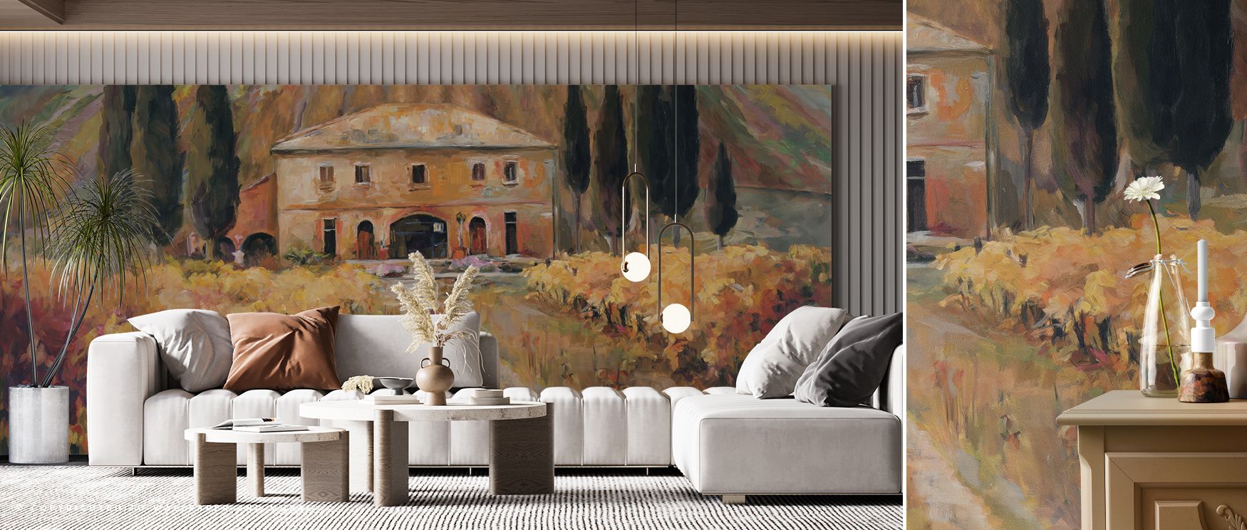 In Toscana Vigna, the vineyard’s spirit is rendered in timeless detail. Light plays across each contour, illuminating interiors with luminous grace and soft pastoral charm suited for warm, open living areas. 