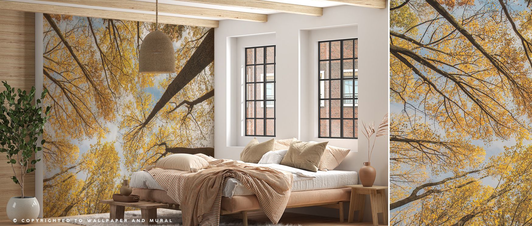 Elegantly layered, Towering Trees III Wallpaper portrays soft natural light filtering through graceful forms. The upward flow gives walls height and calm. Its muted palette of olive, gray, and mist evokes balance, adding harmony and subtle grandeur to ref