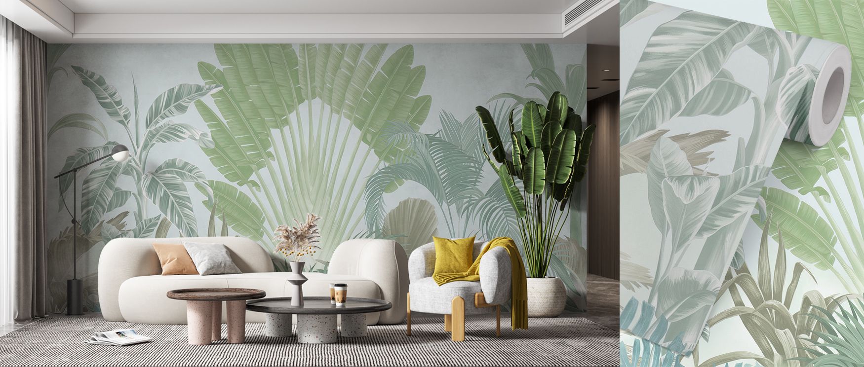 Fresh tones of jade and sage illuminate Tropical Crown, Fresh Wallpaper, creating fluid motion across the surface. Each botanical form reflects natural light and shadow, infusing interiors with organic joy and sophistication. 