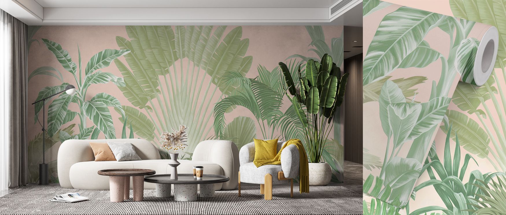 Infused with exotic vitality, Tropical Crown, Peach Wallpaper reveals an intricate composition of lush flora rendered in gleaming pastel tones. The rhythmic sweep of palms and fronds evokes continuous movement under soft tropical light. Each detail glows 