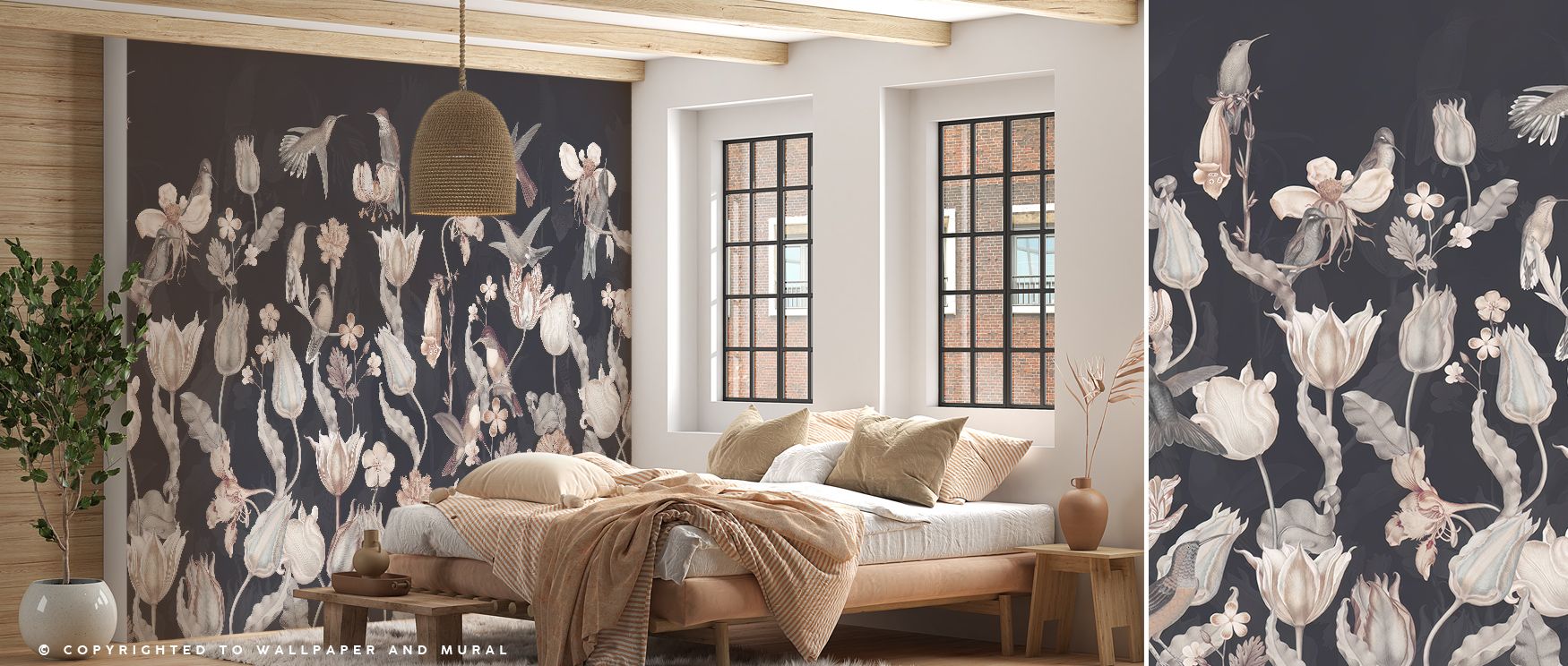 Romantic in tone and intricate in detail, Tulips & Birds, Midnight Wallpaper unveils a world of quiet luxury. Each bloom and bird creates balance between movement and stillness. Shades of ink blue and silver-gray capture moonlit reflections on velvet peta