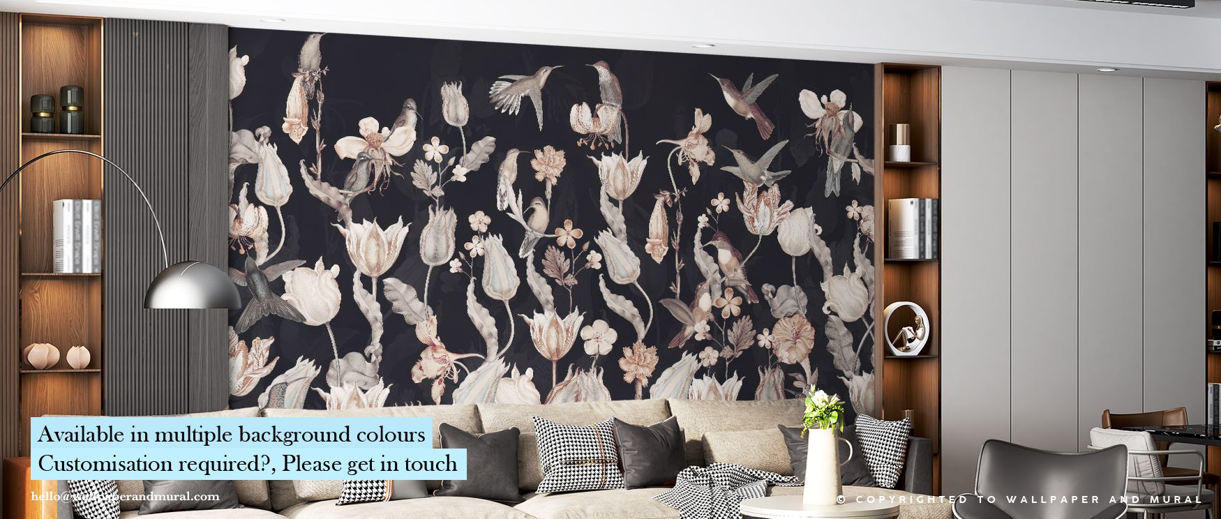 Under dim starlight, Tulips & Birds, Midnight Wallpaper reveals the beauty of still gardens at dusk. The layered florals feel soft and alive, their petals glowing faintly in darkened tones. Gentle birds add visual melody, flowing through shadow and lumine