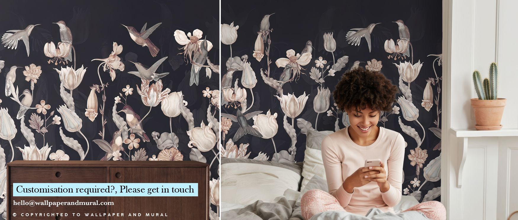 A masterpiece of subtle tone and detail, Tulips & Birds, Midnight Wallpaper captures floral silhouettes illuminated by soft night glimmer. The composition balances structure and flow, blending tulip shapes with elegant bird forms. Each element contributes