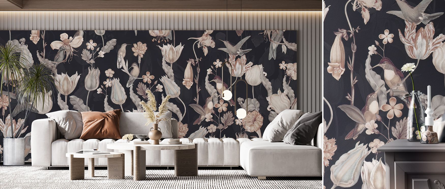 Steeped in timeless allure, Tulips & Birds, Midnight Wallpaper brings together botanical romance and quiet movement. Petals appear to glow softly as slender birds weave through dusky air. The pattern’s depth enhances visual intimacy, bathing walls in gent