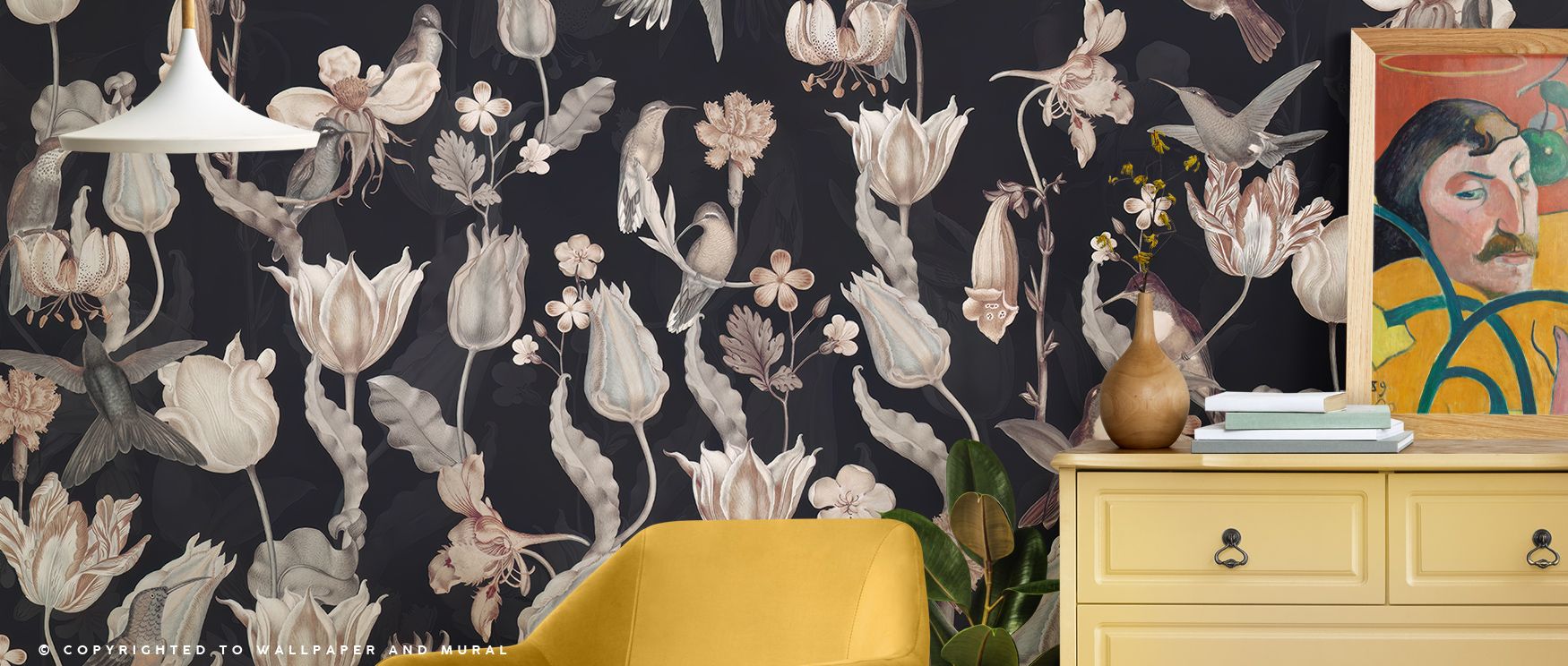 An elegant symphony of tone, Tulips & Birds, Midnight Wallpaper merges cool shadows and soft floral highlights. Each tulip petal feels painted in whispering texture, each bird an accent of motion. Together, they create a layered serenity, blending nature’
