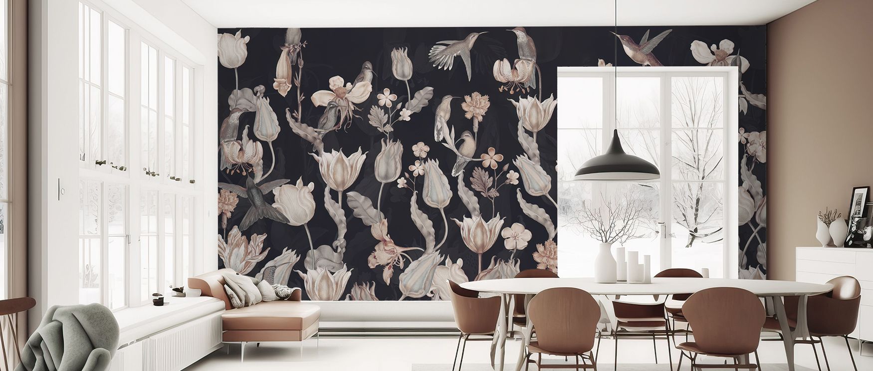 The allure of Tulips & Birds, Midnight Wallpaper lies in its contrast—petals bloom within darkness as birds drift through light. Layers of ink and silver form dimension and rhythm. Every detail carries softness and elegance, creating a lasting impression 