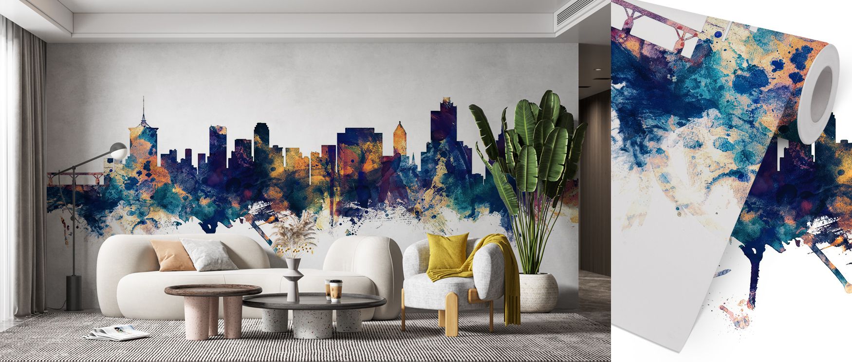 Expressive and serene, Tulsa Oklahoma Skyline Blue & Bronze Wallpaper evokes twilight’s glow over architectural silhouettes. Bronze reflections shimmer through blue shadows, painting a narrative of calm energy. The design’s understated movement gives life