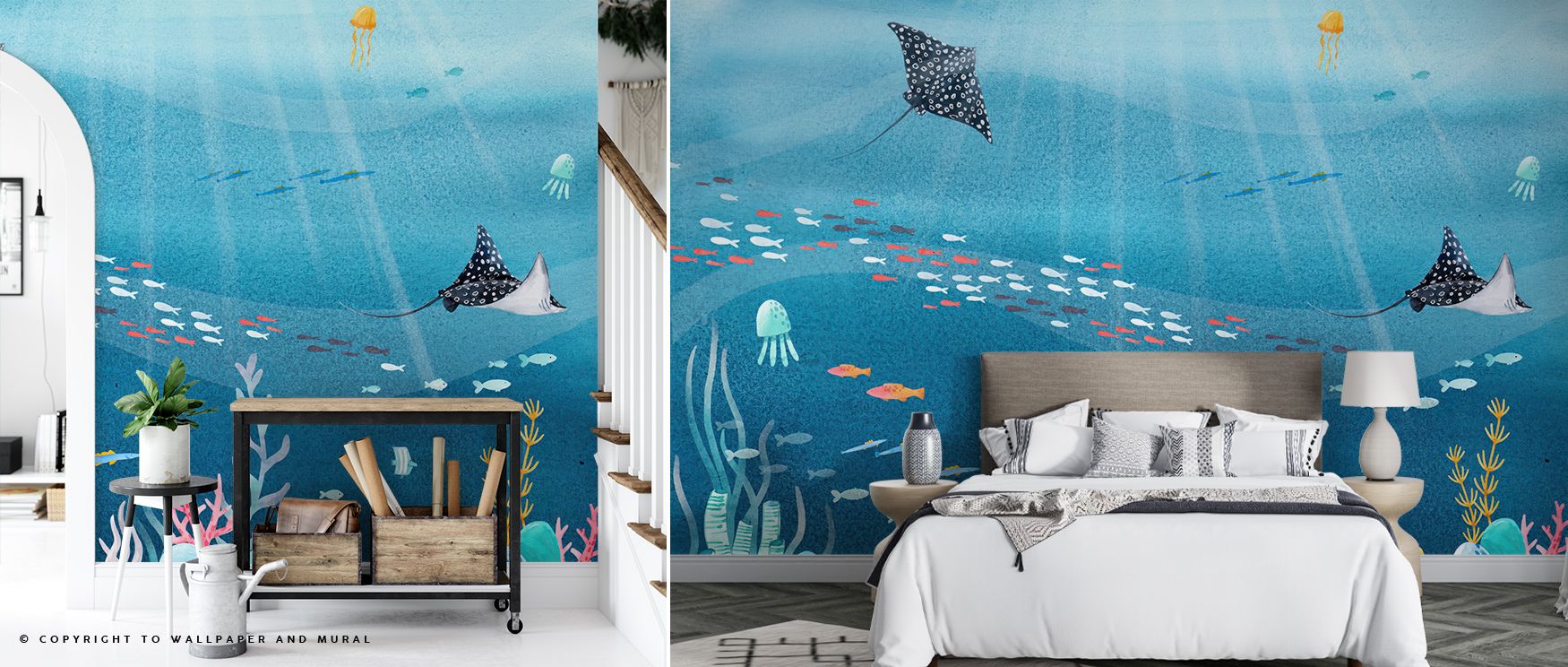 Underwater Sea Life Scenery Wallpaper unfolds with painterly detail, revealing schools of fish and coral textures that capture the magic of the ocean. Its layered blues embrace natural peace, perfect for interiors aspiring to calm energy and visual fluidi