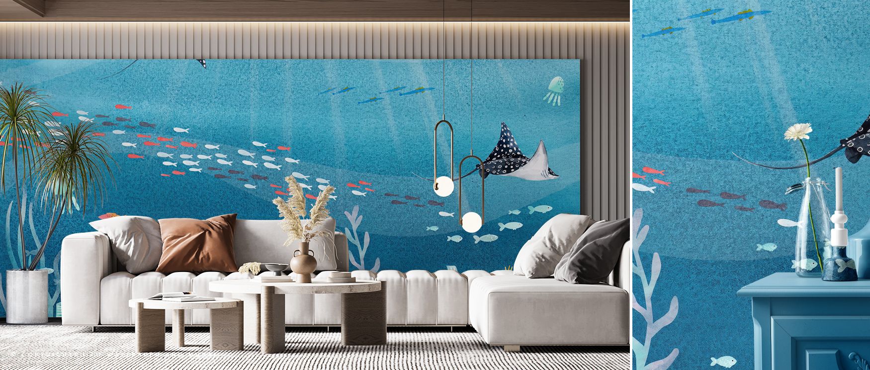 Underwater Sea Life Scenery Wallpaper radiates serenity through rhythmic color gradients and subtle marine silhouettes. The flowing lines and gentle shimmer awaken a soothing atmosphere in bedrooms or lounges inspired by oceanic calm and artistic simplici