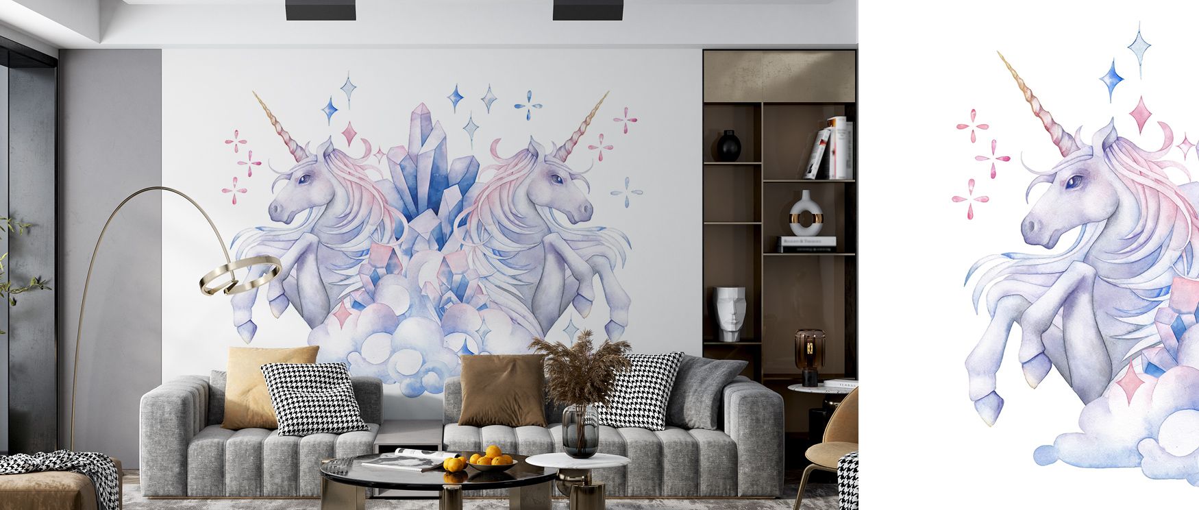 Through delicate brushwork and luminous tones, Unicorn Power Wallpaper embodies dreamlike balance and magical charm. It enhances interiors with subtle rhythm, uniting art and innocence in flowing forms ideal for rooms of light and laughter.
