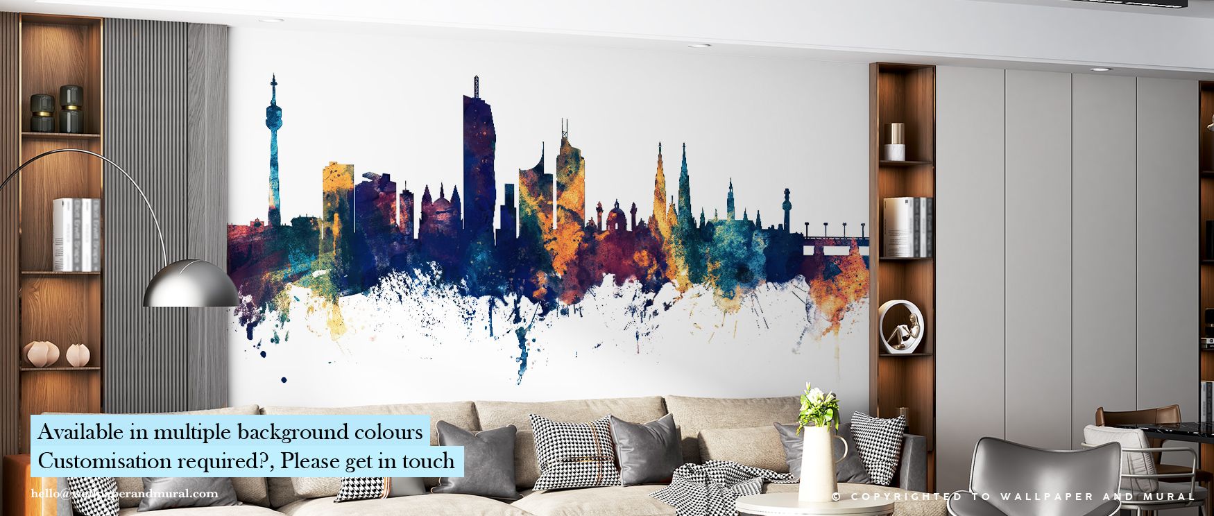 In Vienna Austria Skyline Blue & Bronze Wallpaper, deep twilight hues meet golden light. The skyline’s sculptural clarity creates visual harmony, transforming walls into serene expressions of architectural pride and tranquil metropolitan rhythm. 