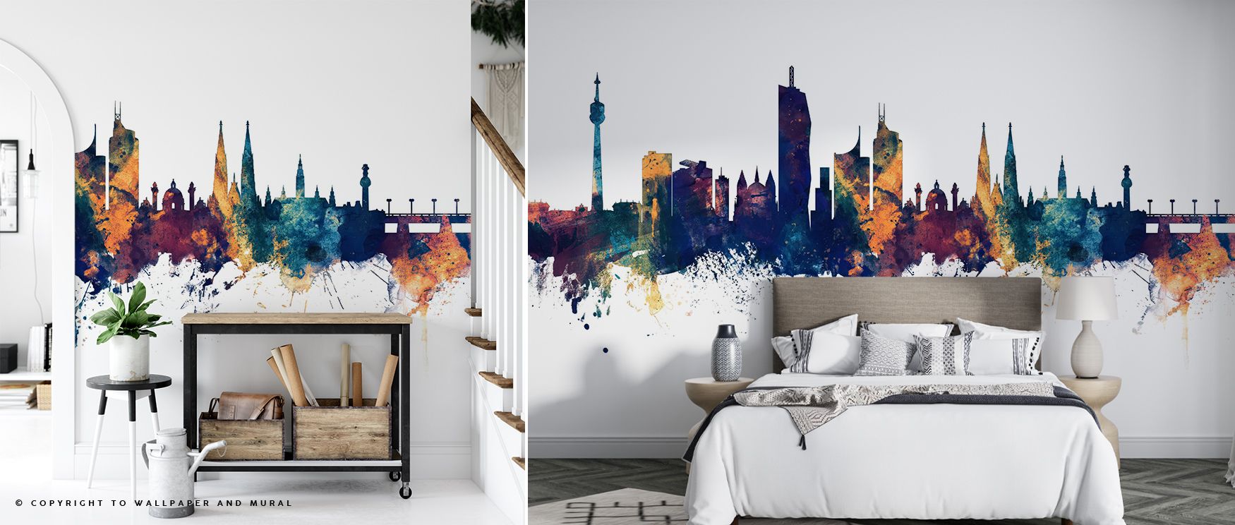 Vienna Austria Skyline Blue & Bronze Wallpaper captures atmosphere and emotion through fluid design. Metallic highlights and rich hues infuse interiors with modern confidence and the serene allure of evening light across a timeless skyline. 