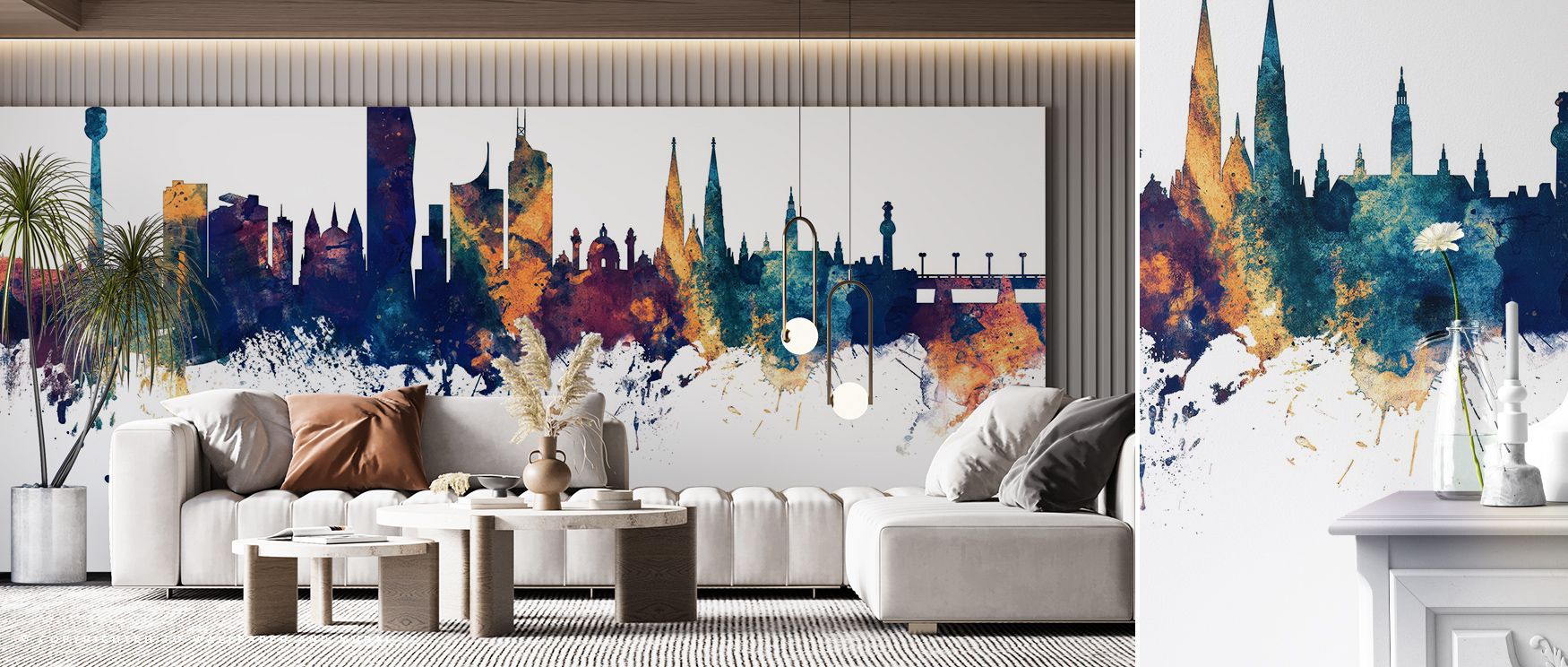 Vienna Austria Skyline Blue & Bronze Wallpaper channels architectural grace through gentle metallic shimmer. Each contour reveals cultural pride and elegant restraint, enriching creative or residential spaces with calm urban refinement. 