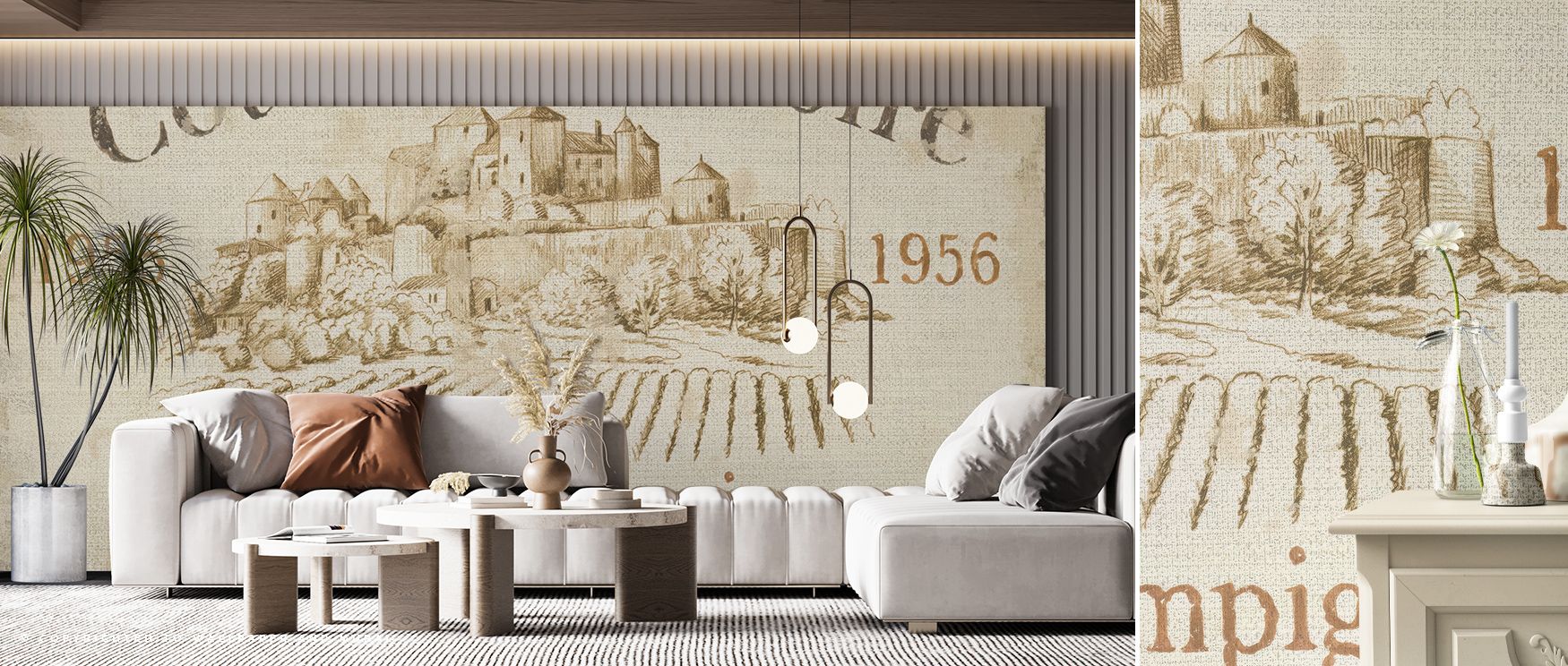Vin Loire Wallpaper flows in calm waves of gold and green. Its textured pattern evokes gentle vineyard light, bringing soft rhythm and harmony to modern interiors designed around nature’s poetic balance. 