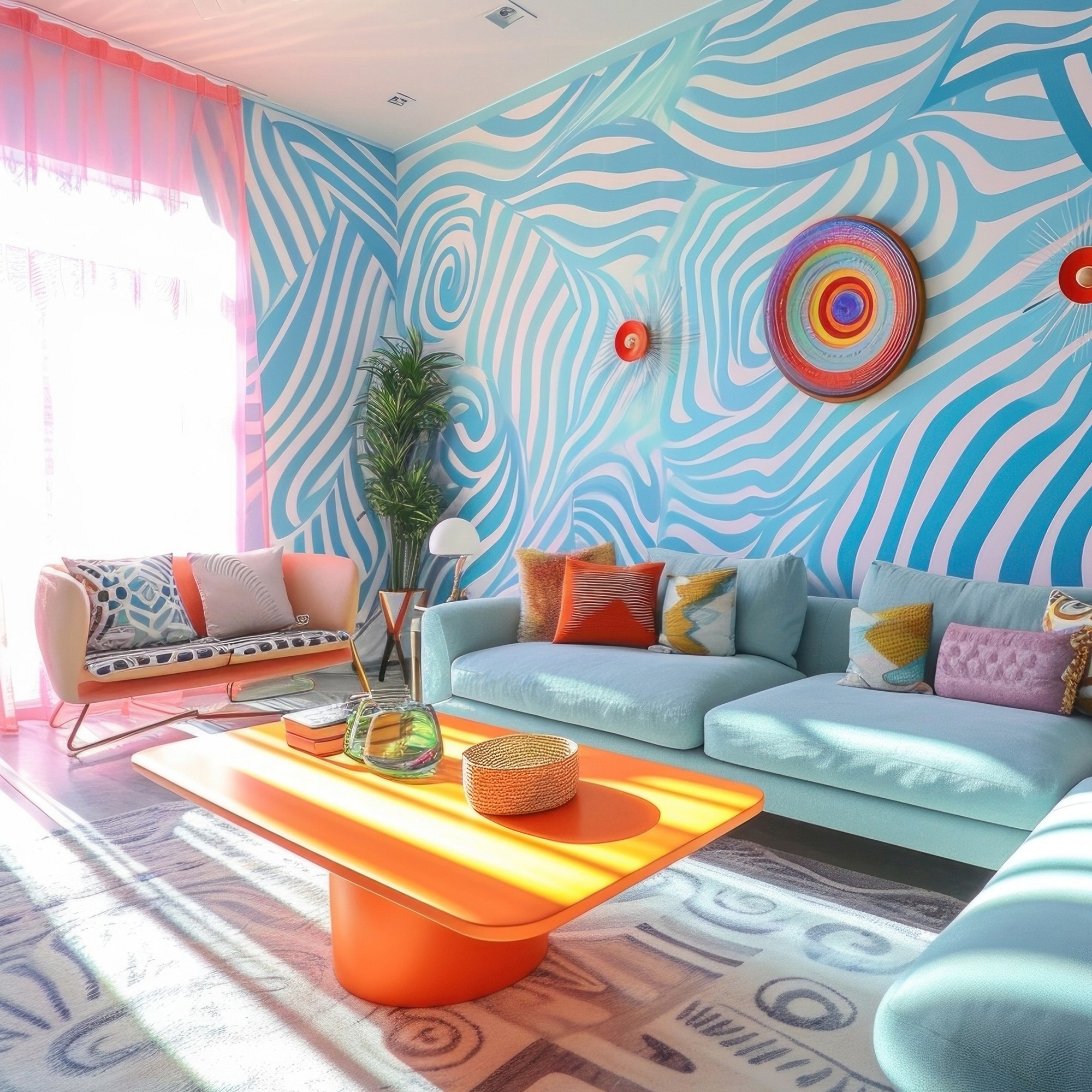 Vibrant living room with abstract wavy blue wallpaper, colorful cushions, and a bright orange coffee table. 
