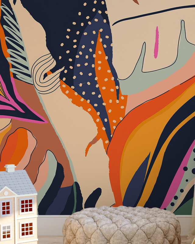 Colorful abstract wallpaper with bold patterns and shapes, infusing a vibrant and eclectic style into a playful kids’ room. 