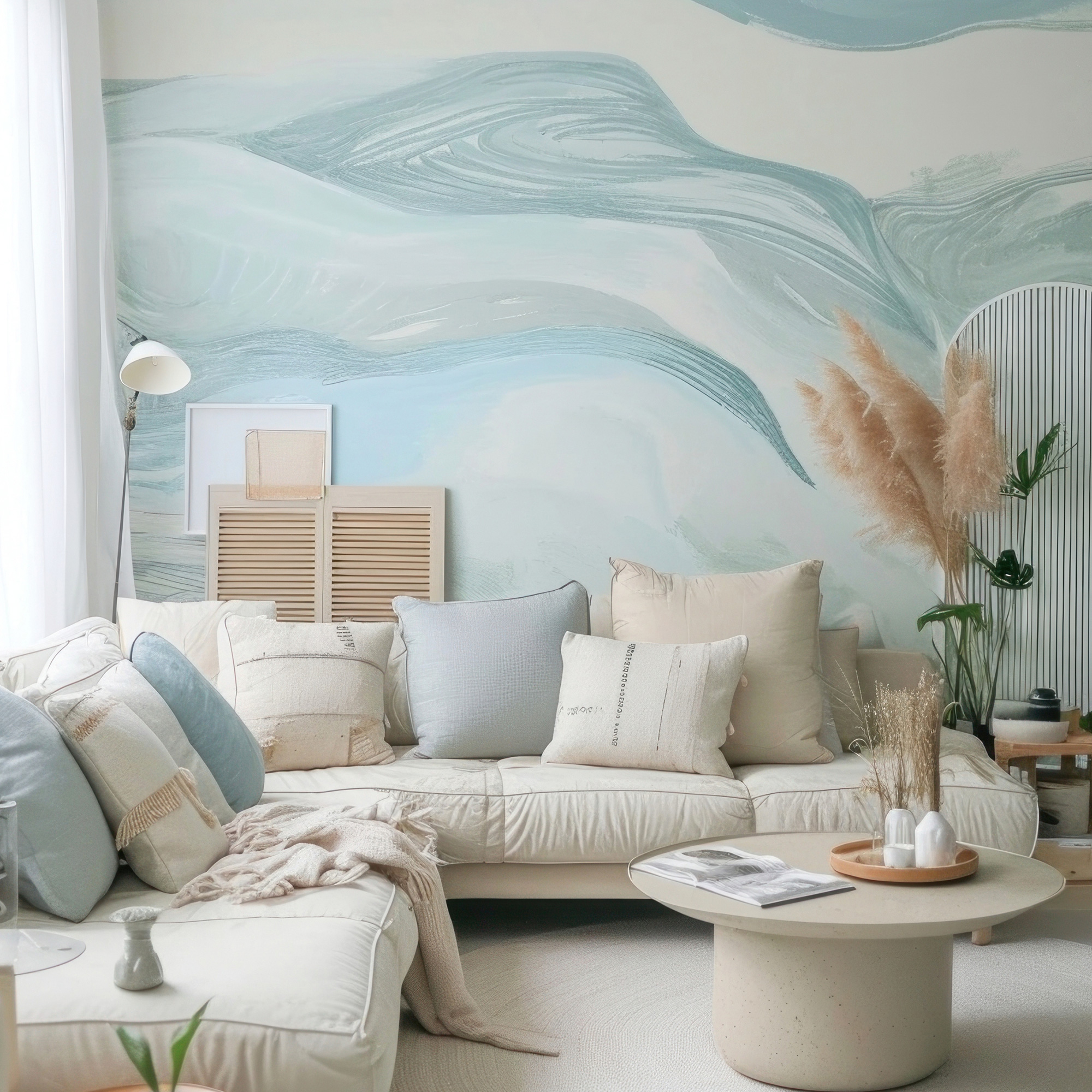 Cozy living room with soft pastel blue wallpaper featuring abstract wave patterns, paired with neutral furniture and decor 