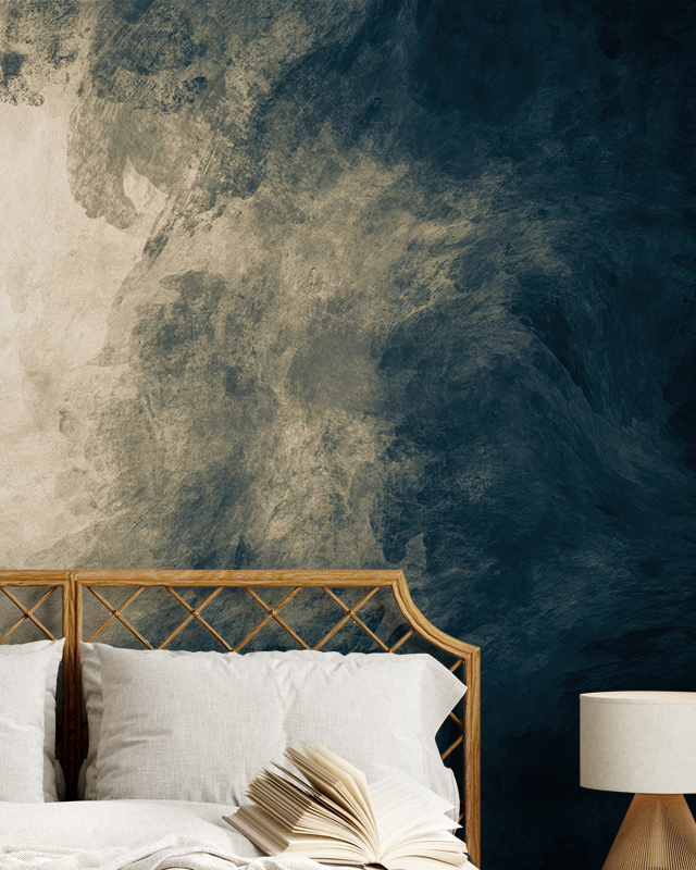 Dark blue and beige abstract wallpaper with textured brushstrokes, offering a sophisticated and moody backdrop for a modern bedroom 