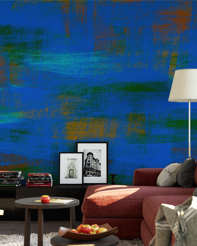 Deep blue and green abstract wallpaper in a modern living room, adding artistic flair and a bold statement to the space. 