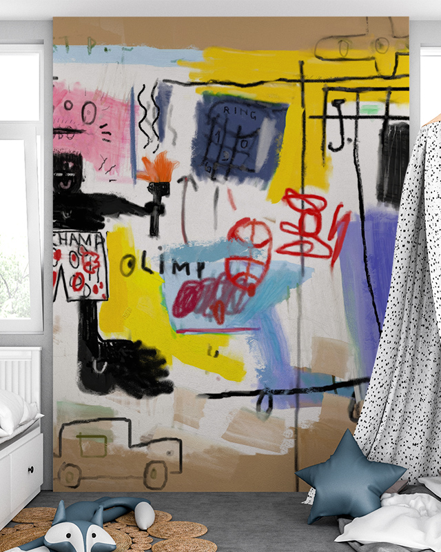 Graffiti-inspired abstract wallpaper with vibrant colors and playful drawings, perfect for adding creativity to a child’s bedroom. 