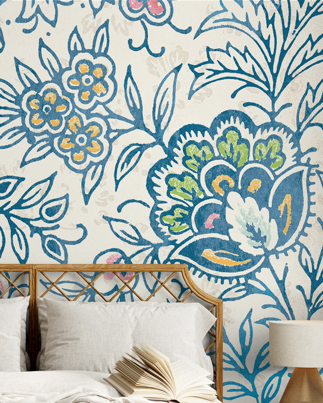 Floral pattern mural in shades of blue wallpaper decorates this bedroom, perfect for commercial spaces. 
