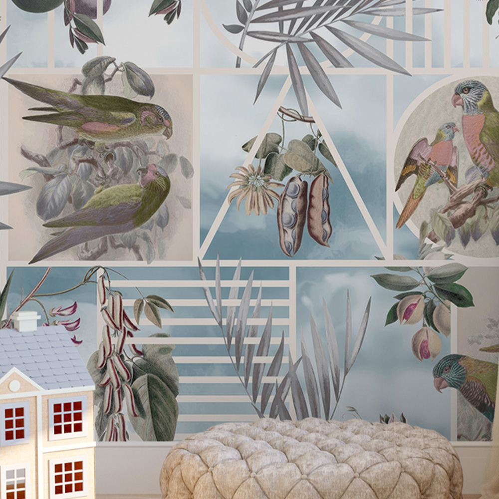 Botanical blue wallpaper featuring vibrant parrots, tropical leaves, and fruits in a geometric layout. 