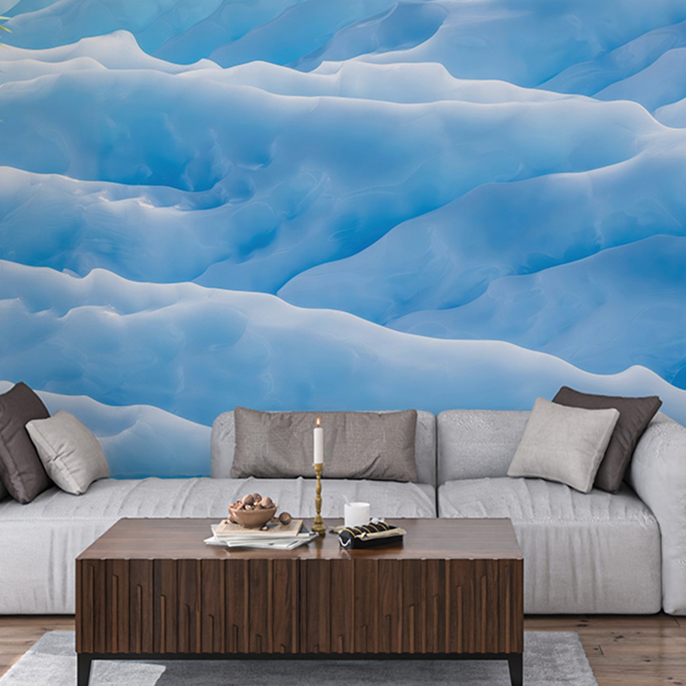 Icy Sky blue wallpaper depicting serene, abstract ice formations behind a modern living room sofa. 