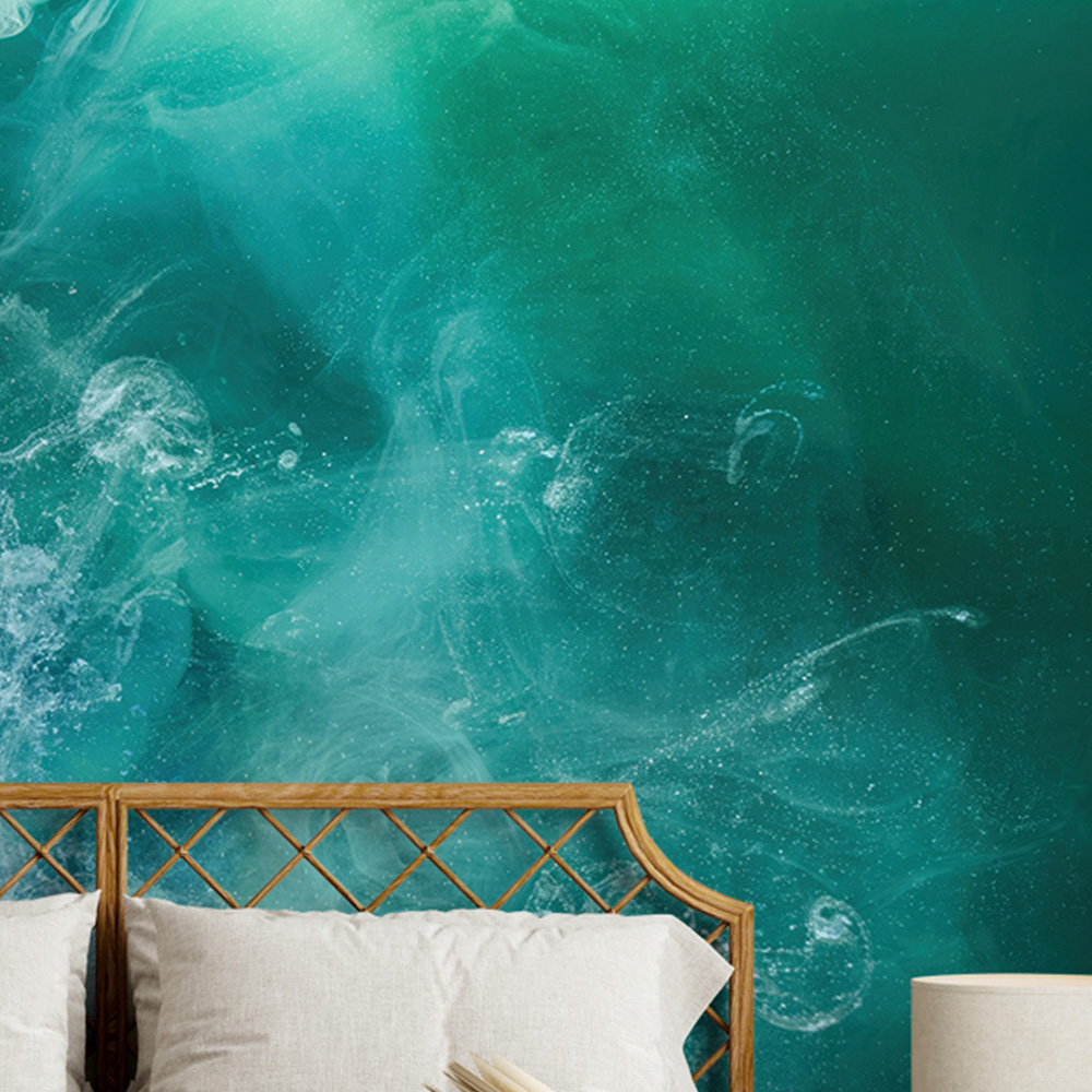 Aqua-toned blue turquoise wallpaper with swirling water-like patterns, creating a calming effect in a bedroom. 